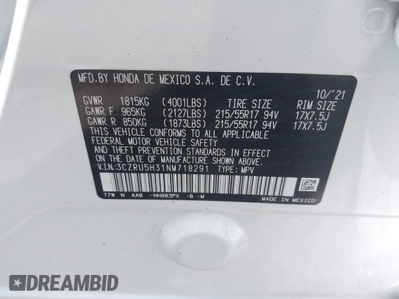 2022 Honda HR-V LX with VIN 3CZRU5H31NM718291, listed as a IAAI auction lot 42441239 with 8,753 mi miles and . Bid and sale history available at DreamBid. Image 9.