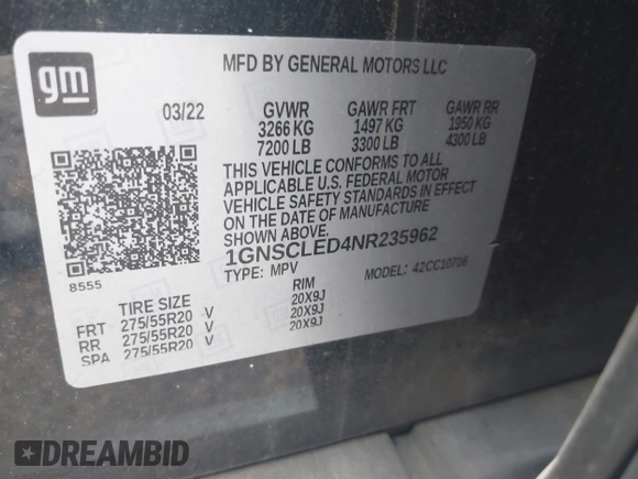 2022 Chevrolet Tahoe Commercial z VIN 1GNSCLED4NR235962, wystawiony jako IAAI lot #42515868 z przebiegiem 73 003 mil mil oraz . Historia ofert i sprzedaży dostępna na DreamBid. Obrazek 9.
