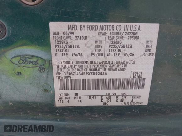1999 Ford Explorer XLT с VIN 1FMZU34E9XZB92586, выставлен на аукционе IAAI как лот 42157826 с пробегом 261 550 миль миль и . История ставок и продаж доступна на DreamBid. Изображение 9.