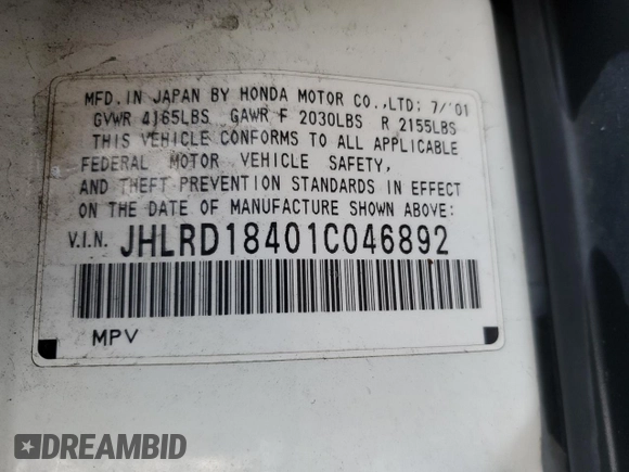 2001 Honda CR-V LX with VIN JHLRD18401C046892, listed as a Copart auction lot 85376174 with 190,076 mi miles and Salvage Title. Bid and sale history available at carsss.com. Image 14.