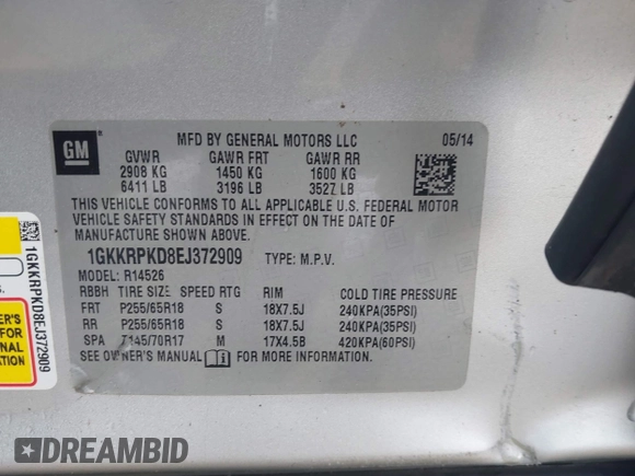 2014 GMC Acadia SLE with VIN 1GKKRPKD8EJ372909, listed as a IAAI auction lot 41559996 with 146,569 mi miles. Bid and sale history available at carsss.com. Image 9.