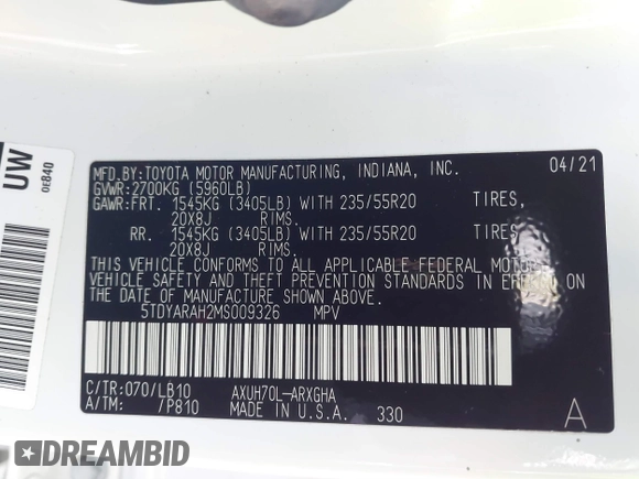 2021 Toyota Highlander Hybrid Limited with VIN 5TDYARAH2MS009326, listed as a IAAI auction lot 41674315 with 76,104 mi miles and . Bid and sale history available at DreamBid. Image 9.