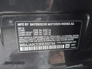 2019 BMW 5 Series 530e iPerformance with VIN WBAJA9C53KB399794, listed as a IAAI auction lot 41561874 with Not Provided miles. Bid and sale history available at carsss.com. Image 9.