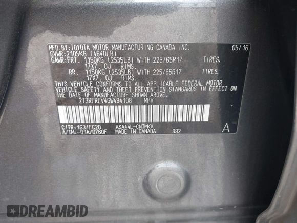 2016 Toyota RAV4 XLE with VIN 2T3RFREV4GW494108, listed as a IAAI auction lot 42234227 with 102,216 mi miles and . Bid and sale history available at DreamBid. Image 9.