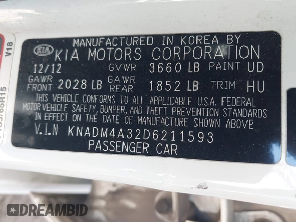 2013 Kia Rio LX with VIN KNADM4A32D6211593, listed as a IAAI auction lot 42142098 with 224,858 mi miles and . Bid and sale history available at DreamBid. Image 9.