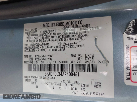 2010 Ford Fusion Hybrid with VIN 3FADP0L34AR400461, listed as a IAAI auction lot 42126130 with Not Provided miles and . Bid and sale history available at DreamBid. Image 9.