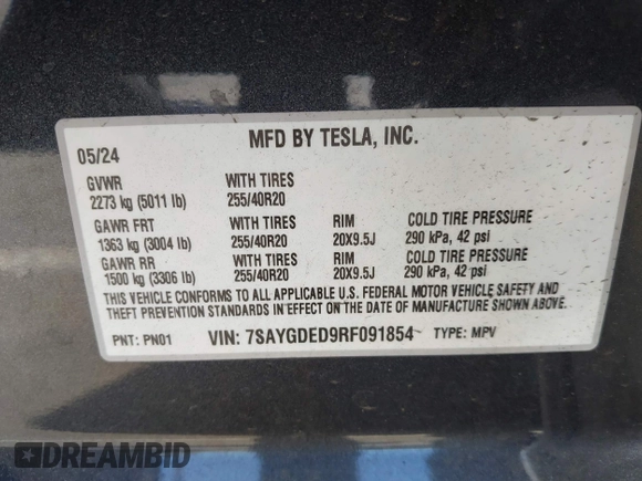 2024 Tesla Model Y с VIN 7SAYGDED9RF091854, выставлен на аукционе IAAI как лот 42382483 с пробегом 14 805 миль миль и . История ставок и продаж доступна на DreamBid. Изображение 9.