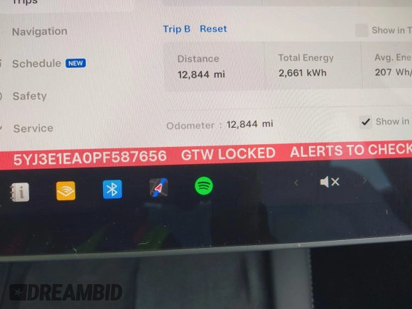 2023 Tesla Model 3 with VIN 5YJ3E1EA0PF587656, listed as a IAAI auction lot 41489586 with 12,844 mi miles and . Bid and sale history available at DreamBid. Image 16.