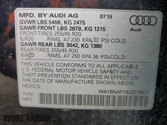 2018 Audi Q5 Premium Plus with VIN WA1BNAFY9J2216877, listed as a Copart auction lot 45960705 with 92,753 mi miles and Salvage Title. Bid and sale history available at carsss.com. Image 13.
