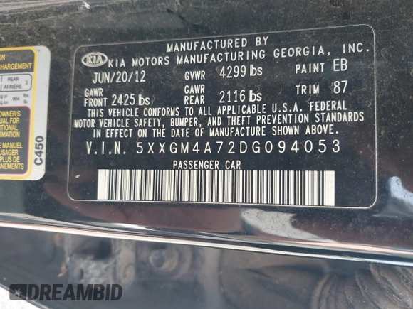 2013 Kia Optima LX with VIN 5XXGM4A72DG094053, listed as a IAAI auction lot 42095069 with 141,409 mi miles. Bid and sale history available at carsss.com. Image 9.