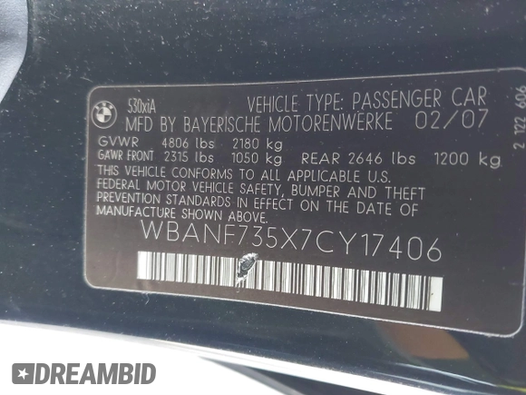 2007 BMW 5 Series 530xi with VIN WBANF735X7CY17406, listed as a IAAI auction lot 41592517 with 139,728 mi miles and . Bid and sale history available at carsss.com. Image 9.