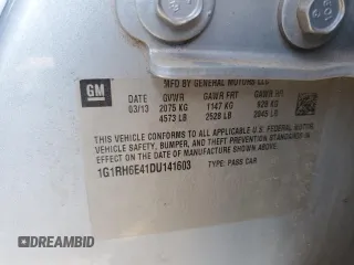 2013 Chevrolet Volt with VIN 1G1RH6E41DU141603, listed as a Copart auction lot 53613955 with 187,771 mi miles and Salvage Title. Bid and sale history available at carsss.com. Image 12.