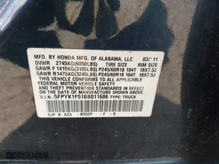 2011 Honda Ridgeline RTL with VIN 5FPYK1F51BB011686, listed as a IAAI auction lot 41790303 with 110,648 mi miles. Bid and sale history available at carsss.com. Image 9.