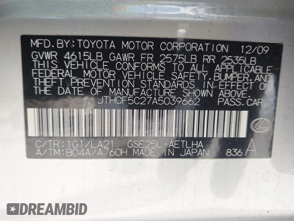 2010 Lexus IS with VIN JTHCF5C27A5039662, listed as a IAAI auction lot 41988254 with 139,939 mi miles and . Bid and sale history available at carsss.com. Image 9.