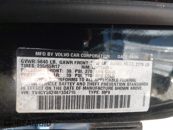 2006 Volvo XC90 2.5L Turbo with VIN YV4CY592461304715, listed as a IAAI auction lot 40384200 with 124,396 mi miles. Bid and sale history available at carsss.com. Image 9.