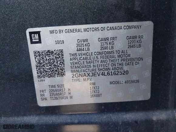 2020 Chevrolet Equinox LT with VIN 2GNAXJEV4L6162520, listed as a IAAI auction lot 40941503 with 103,841 mi miles. Bid and sale history available at carsss.com. Image 9.