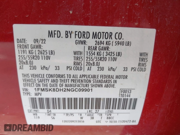 2022 Ford Explorer XLT z VIN 1FMSK8DH2NGC09901, wystawiony jako IAAI lot #42288417 z przebiegiem 40 752 mil mil oraz . Historia ofert i sprzedaży dostępna na DreamBid. Obrazek 9.