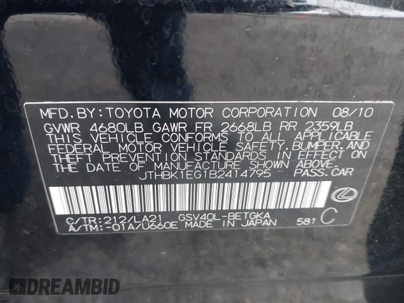 2011 Lexus ES 330 with VIN JTHBK1EG1B2414795, listed as a IAAI auction lot 42047745 with 258,575 mi miles and . Bid and sale history available at DreamBid. Image 9.