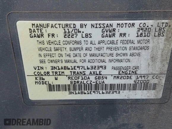 2007 Nissan Sentra 2.0 with VIN 3N1AB61E97L632393, listed as a IAAI auction lot 42149092 with 155,717 mi miles and . Bid and sale history available at DreamBid. Image 9.