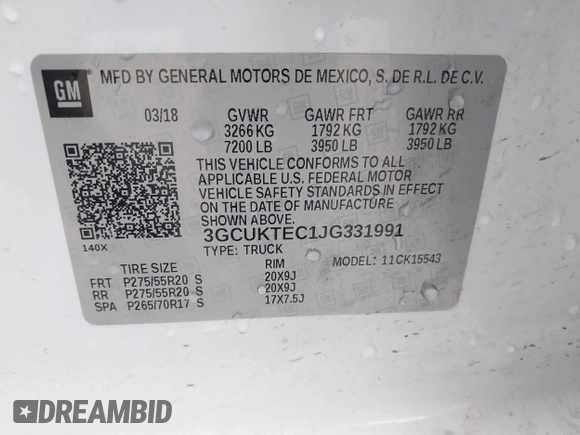 2018 Chevrolet Silverado 1500 High Country with VIN 3GCUKTEC1JG331991, listed as a IAAI auction lot 41718084 with 120,924 mi miles and . Bid and sale history available at DreamBid. Image 9.
