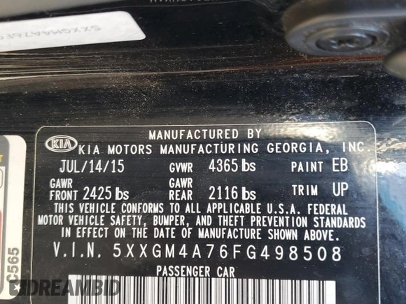 2015 Kia Optima LX with VIN 5XXGM4A76FG498508, listed as a Copart auction lot 81647284 with 95,851 mi miles and Clean Title. Bid and sale history available at carsss.com. Image 12.