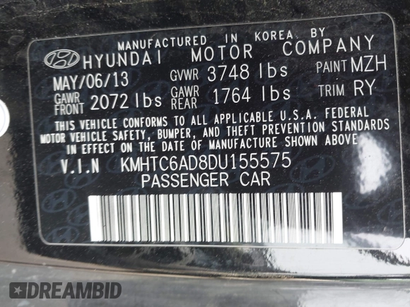 2013 Hyundai Veloster w/Black Int with VIN KMHTC6AD8DU155575, listed as a IAAI auction lot 41722849 with 100,204 mi miles and . Bid and sale history available at DreamBid. Image 9.