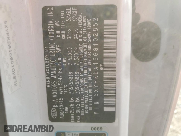 2016 Kia Sorento SXL z VIN 5XYPKDA16GG102852, wystawiony jako Copart lot #75659454 z przebiegiem Nie podano mil oraz Nie do naprawy • Non repairable. Historia ofert i sprzedaży dostępna na DreamBid. Obrazek 14.