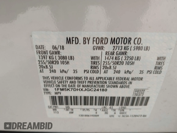 2018 Ford Explorer XLT with VIN 1FM5K7DHXJGC24180, listed as a IAAI auction lot 41972040 with 83,475 mi miles and . Bid and sale history available at DreamBid. Image 9.