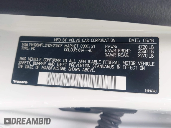 2017 Volvo S60 Dynamic with VIN YV126MFL2H2421907, listed as a IAAI auction lot 41737301 with 87,239 mi miles. Bid and sale history available at carsss.com. Image 9.