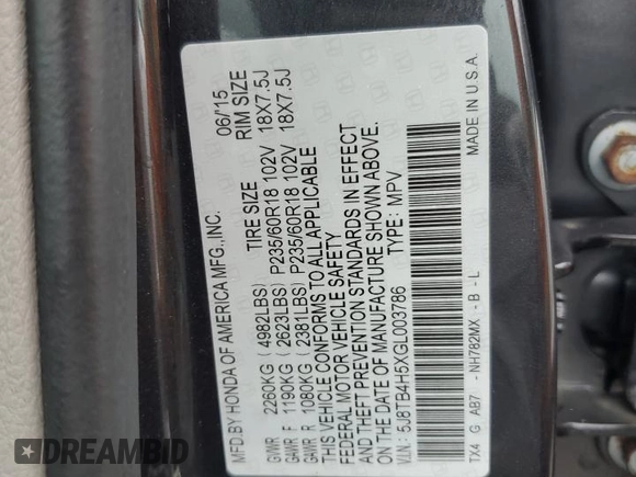 2016 Acura RDX Technology с VIN 5J8TB4H5XGL003786, выставлен на аукционе Copart как лот 48109515 с пробегом Не указан миль и Списание • Salvage title. История ставок и продаж доступна на DreamBid. Изображение 13.