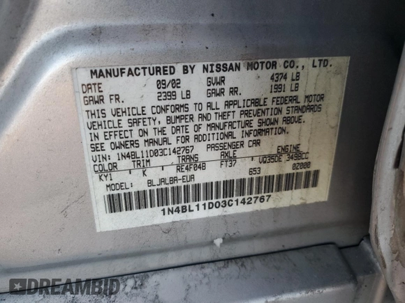 2003 Nissan Altima SE with VIN 1N4BL11D03C142767, listed as a Copart auction lot 41680035 with 216,963 mi miles and Salvage title. Bid and sale history available at DreamBid. Image 12.