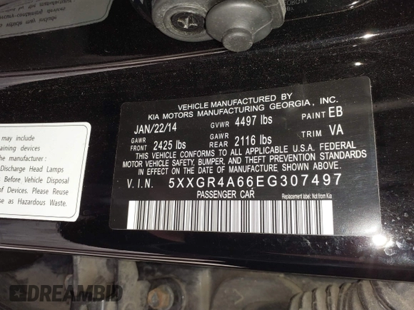 2014 Kia Optima SXL Turbo with VIN 5XXGR4A66EG307497, listed as a IAAI auction lot 42020082 with 134,736 mi miles and . Bid and sale history available at DreamBid. Image 9.