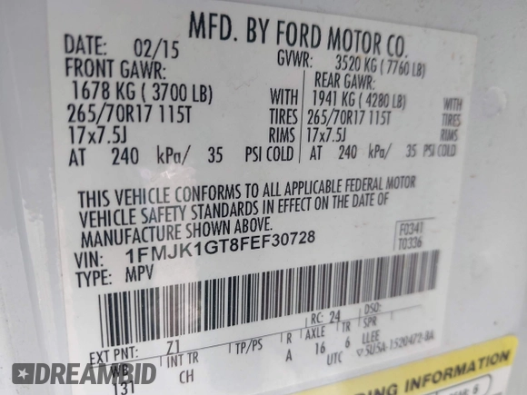2015 Ford Expedition Max XL with VIN 1FMJK1GT8FEF30728, listed as a IAAI auction lot 41204002 with 90,654 mi miles and . Bid and sale history available at DreamBid. Image 9.