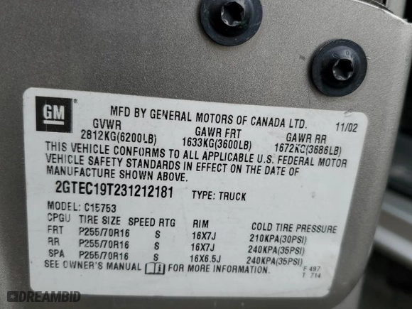 2003 GMC Sierra 1500 SLE with VIN 2GTEC19T231212181, listed as a Copart auction lot 72278344 with 0 mi miles and Salvage Title. Bid and sale history available at carsss.com. Image 13.