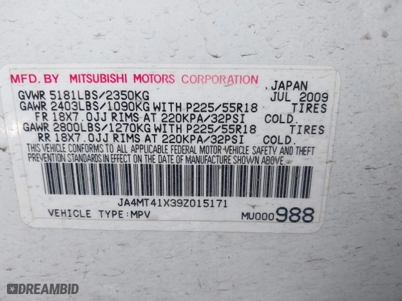 2009 Mitsubishi Outlander XLS with VIN JA4MT41X39Z015171, listed as a IAAI auction lot 41774842 with 262,186 mi miles. Bid and sale history available at carsss.com. Image 9.