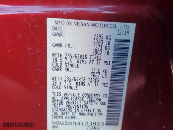 2020 Nissan Murano SV with VIN 5N1AZ2BS2LN123953, listed as a Copart auction lot 45347425 with 94,791 mi miles and Salvage Title. Bid and sale history available at carsss.com. Image 16.
