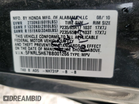 2011 Honda Odyssey EX-L with VIN 5FNRL5H67BB001266, listed as a Copart auction lot 48247265 with 160,524 mi miles and Salvage Title. Bid and sale history available at DreamBid. Image 13.