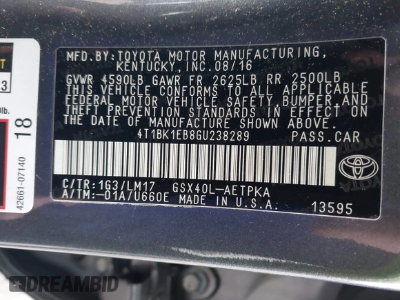 2016 Toyota Avalon Limited with VIN 4T1BK1EB8GU238289, listed as a IAAI auction lot 41260550 with 32,058 mi miles and . Bid and sale history available at carsss.com. Image 9.
