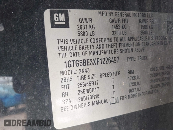 2015 GMC Canyon 2WD SLE with VIN 1GTG5BE3XF1226497, listed as a IAAI auction lot 42106960 with 97,360 mi miles and . Bid and sale history available at DreamBid. Image 9.