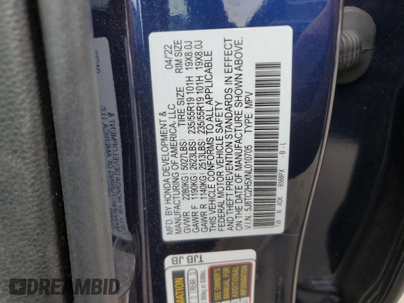 2022 Acura RDX Technology с VIN 5J8TC2H5XNL010705, выставлен на аукционе Copart как лот 53560485 с пробегом 23 734 миль миль и Списание • Salvage title. История ставок и продаж доступна на DreamBid. Изображение 13.