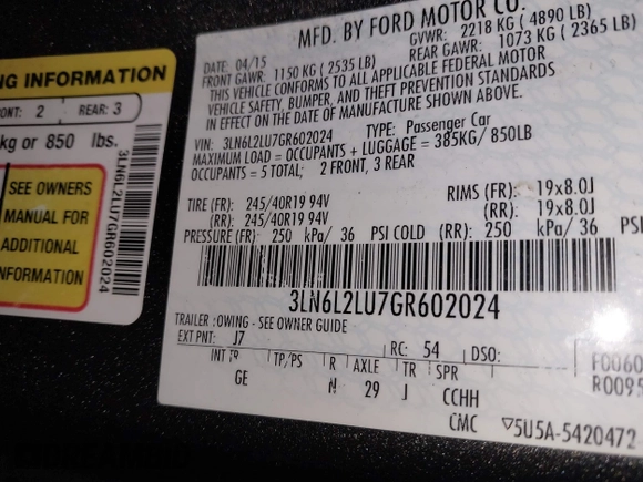 2016 Lincoln MKZ Hybrid with VIN 3LN6L2LU7GR602024, listed as a IAAI auction lot 41224915 with 176,538 mi miles and . Bid and sale history available at DreamBid. Image 9.