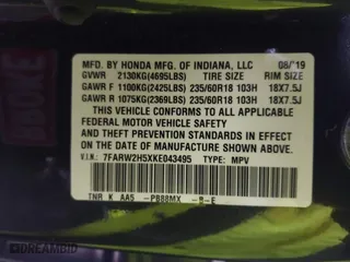 2019 Honda CR-V EX with VIN 7FARW2H5XKE043495, listed as a IAAI auction lot 41912819 with 57,848 mi miles. Bid and sale history available at carsss.com. Image 9.