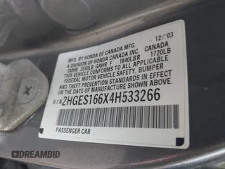 2004 Honda Civic LX with VIN 2HGES166X4H533266, listed as a IAAI auction lot 41764334 with 183,262 mi miles. Bid and sale history available at carsss.com. Image 9.