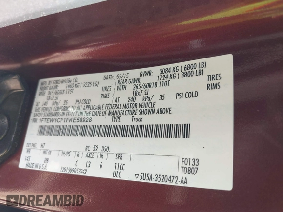 2015 Ford F-150 XL with VIN 1FTEW1CF1FKE58928, listed as a IAAI auction lot 41396317 with 233,089 mi miles and . Bid and sale history available at DreamBid. Image 9.