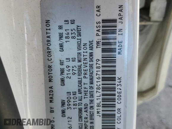 2012 Mazda 3 i Touring z VIN JM1BL1L78C1671879, wystawiony jako Copart lot #54395595 z przebiegiem 169 714 mil mil oraz Nie do naprawy • Non repairable. Historia ofert i sprzedaży dostępna na DreamBid. Obrazek 12.