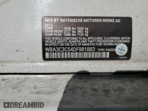 2013 BMW 3 Series 320i xDrive с VIN WBA3C3C54DF981883, выставлен на аукционе Copart как лот 47380385 с пробегом 191 534 миль миль и Списание • Salvage title. История ставок и продаж доступна на DreamBid. Изображение 12.