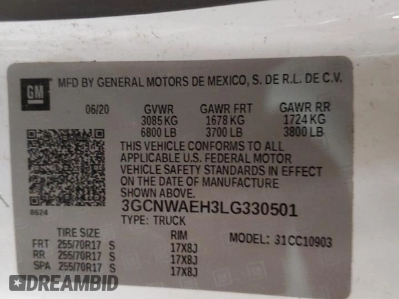 2020 Chevrolet Silverado 1500 Work Truck with VIN 3GCNWAEH3LG330501, listed as a Copart auction lot 84413054 with 99,049 mi miles and Clean Title. Bid and sale history available at DreamBid. Image 13.
