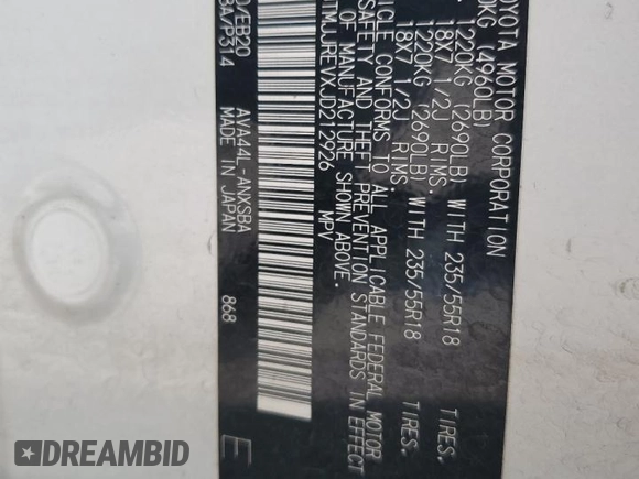 2018 Toyota RAV4 Hybrid SE with VIN JTMJJREVXJD212926, listed as a Copart auction lot 60215465 with 71,876 mi miles and Salvage title. Bid and sale history available at DreamBid. Image 13.