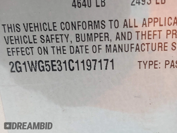 2012 Chevrolet Impala LT Fleet with VIN 2G1WG5E31C1197171, listed as a IAAI auction lot 42123791 with 98,862 mi miles and . Bid and sale history available at DreamBid. Image 9.