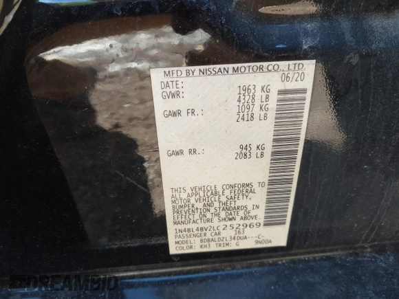 2020 Nissan Altima S with VIN 1N4BL4BV2LC252969, listed as a IAAI auction lot 41413371 with Not Provided miles and . Bid and sale history available at DreamBid. Image 9.
